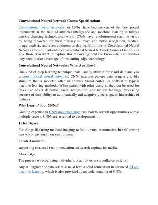 Convolutional Neural Network Course Specification: