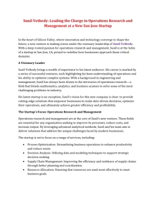 Sunil Vethody: Leading the Charge in Operations Research and Management at a New San Jose Startup