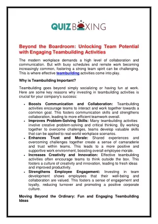 Beyond the Boardroom Unlocking Team Potential with Engaging Teambuilding Activities