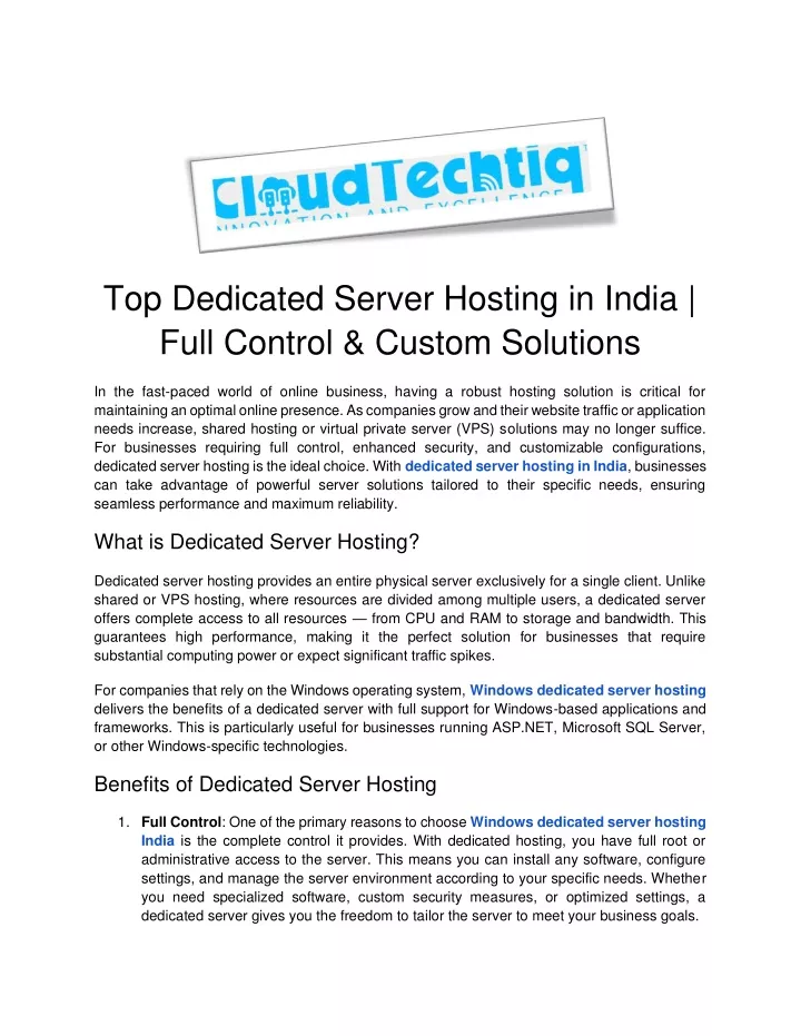 top dedicated server hosting in india full