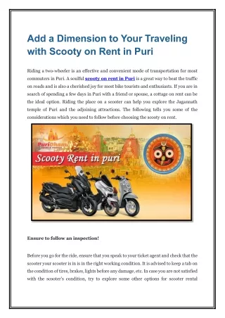 Add a Dimension to Your Traveling with Scooty on Rent in Puri