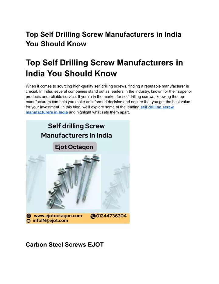 top self drilling screw manufacturers in india