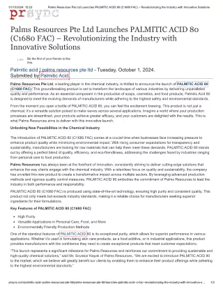 Palms Resources Pte Ltd Launches PALMITIC ACID 80 (C1680 FAC) – Revolutionizing the Industry with Innovative Solutions