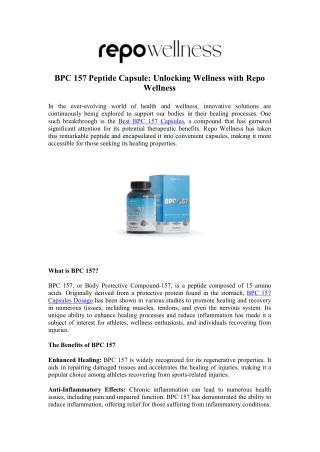 Enhance Recovery with BPC 157 Peptide Capsule - Repo Wellness
