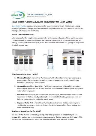 Nano Water Purifier: Advanced Technology for Clean Water