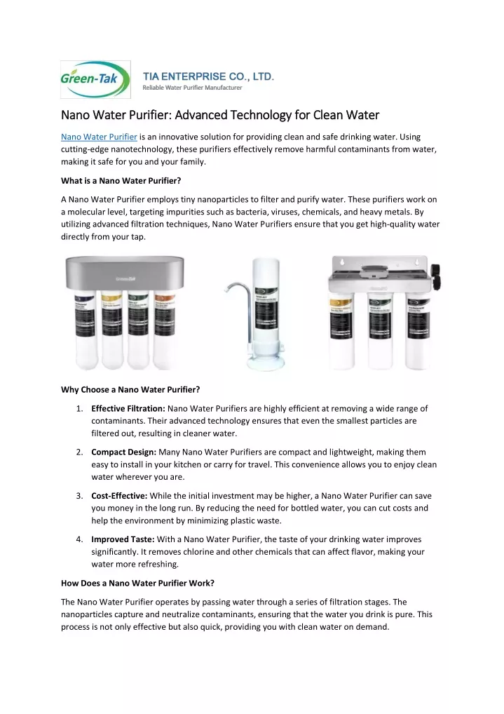 nano water purifier advanced technology for clean