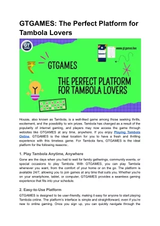 GTGAMES: The Perfect Platform for Tambola Lovers