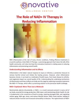 The Role of NAD  IV Therapy in Reducing Inflammation