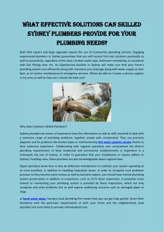 What Effective Solutions Can Skilled Sydney Plumbers Provide for Your Plumbing N