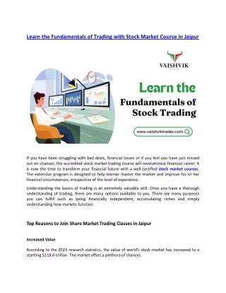 Learn the fundamentals of trading with Stock Market Course in Jaipur
