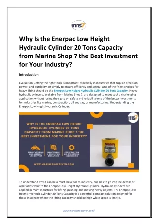 Why Is the Enerpac Low Height Hydraulic Cylinder 20 Tons Capacity from Marine Shop 7 the Best Investment for Your Indust
