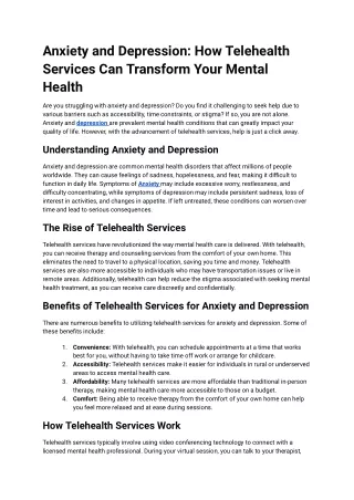 Anxiety and Depression: How Telehealth Services Can Transform Your Mental Health