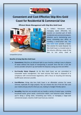 Convenient and Cost-Effective Skip Bins Gold Coast for Residential & Commercial Use