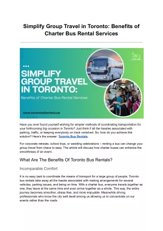 Simplify Group Travel in Toronto: Benefits of Charter Bus Rental Services