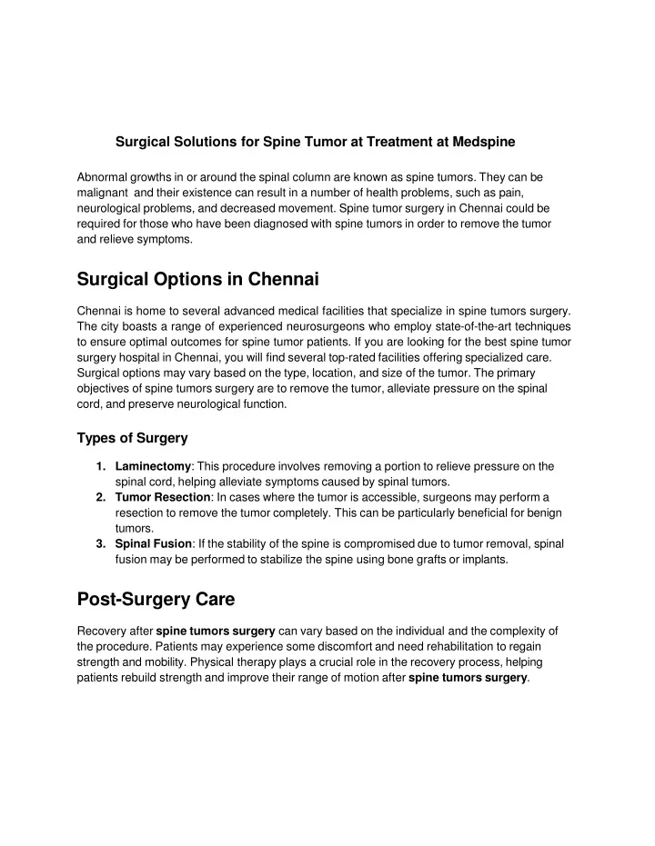 surgical solutions for spine tumor at treatment