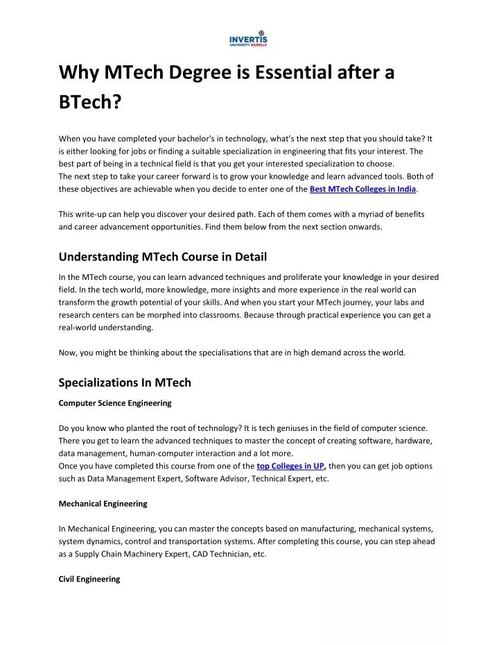 why mtech degree is essential after a btech