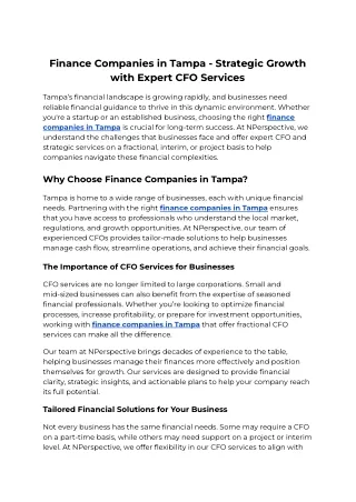 Finance Companies in Tampa - Strategic Growth with Expert CFO Services
