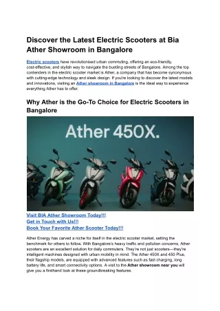 Discover the Latest Electric Scooters at Bia Ather Showroom in Bangalore