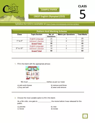 Crest English Olympiad (CEO) Class 5 Sample Paper