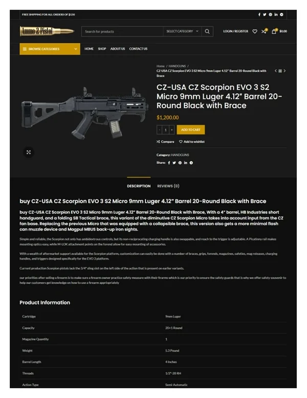 CZ-USA CZ Scorpion EVO 3 S2 Micro 9mm Luger 4.12″ Barrel 20-Round Black with Bra