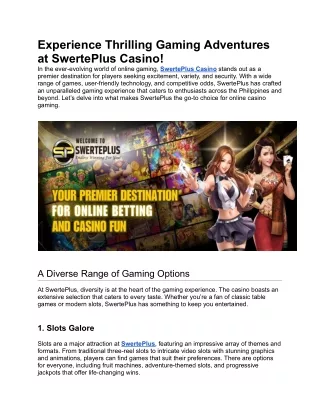 Experience Thrilling Gaming Adventures at SwertePlus Casino!