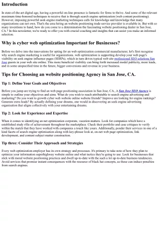 Tips for Choosing an website positioning Agency in San Jose, CA.