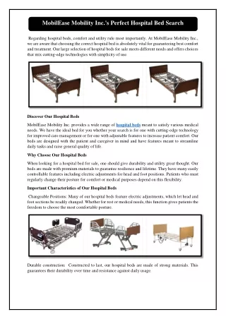 MobilEase Mobility Inc.'s Perfect Hospital Bed Search