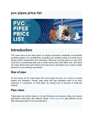 pvc pipes price list