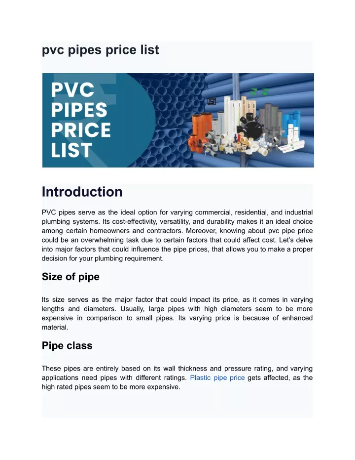 pvc pipes price list