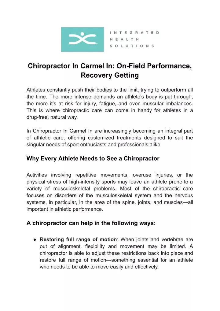 chiropractor in carmel in on field performance