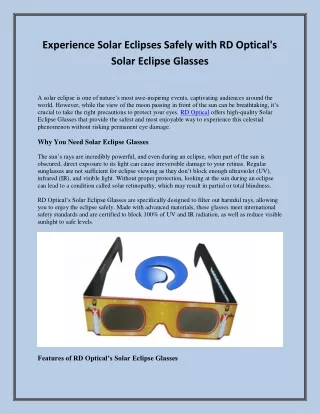 Experience Solar Eclipses Safely with RD Optical's Solar Eclipse Glasses