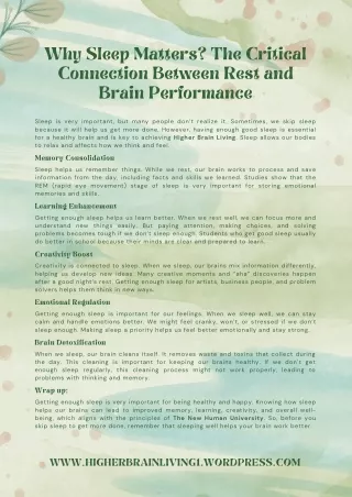 Why Sleep Matters The Critical Connection Between Rest and Brain Performance