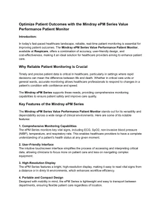 Optimize Patient Outcomes with the Mindray ePM Series Value Performance Patient Monitor