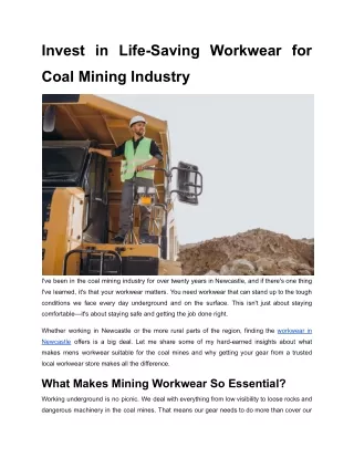 Invest in Life-Saving Workwear for Coal Mining Industry