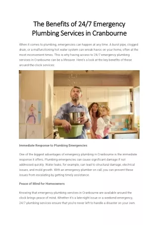 The Benefits of 24/7 Emergency Plumbing Services in Cranbourne