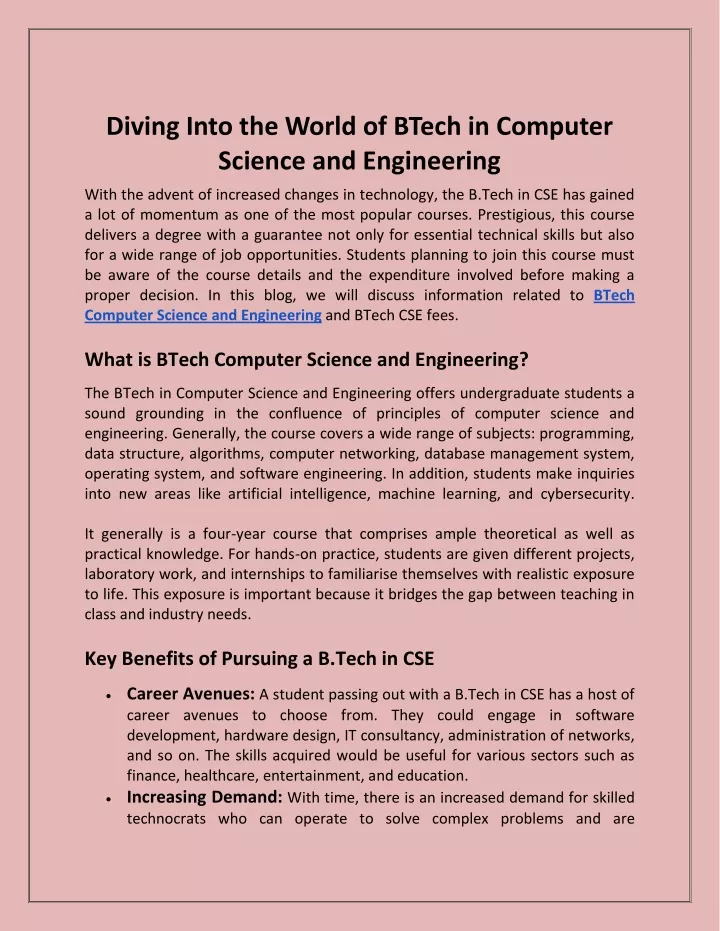 diving into the world of btech in computer