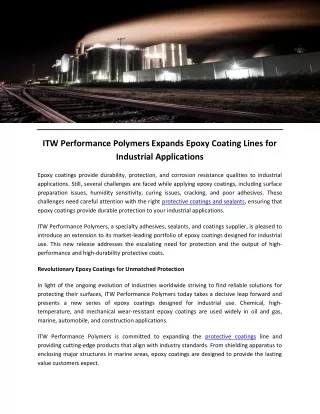 ITW Performance Polymers Expands Epoxy Coating Lines for Industrial Applications