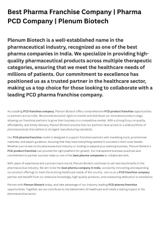 Best Pharma Franchise Company | Pharma PCD Company | Plenum Biotech