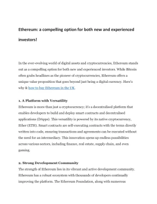 Ethereum a compelling option for both new and experienced investors