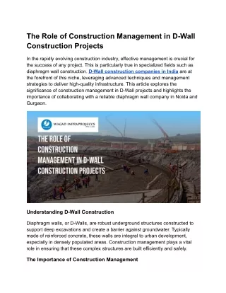 The Role of Construction Management in D-Wall Construction Projects