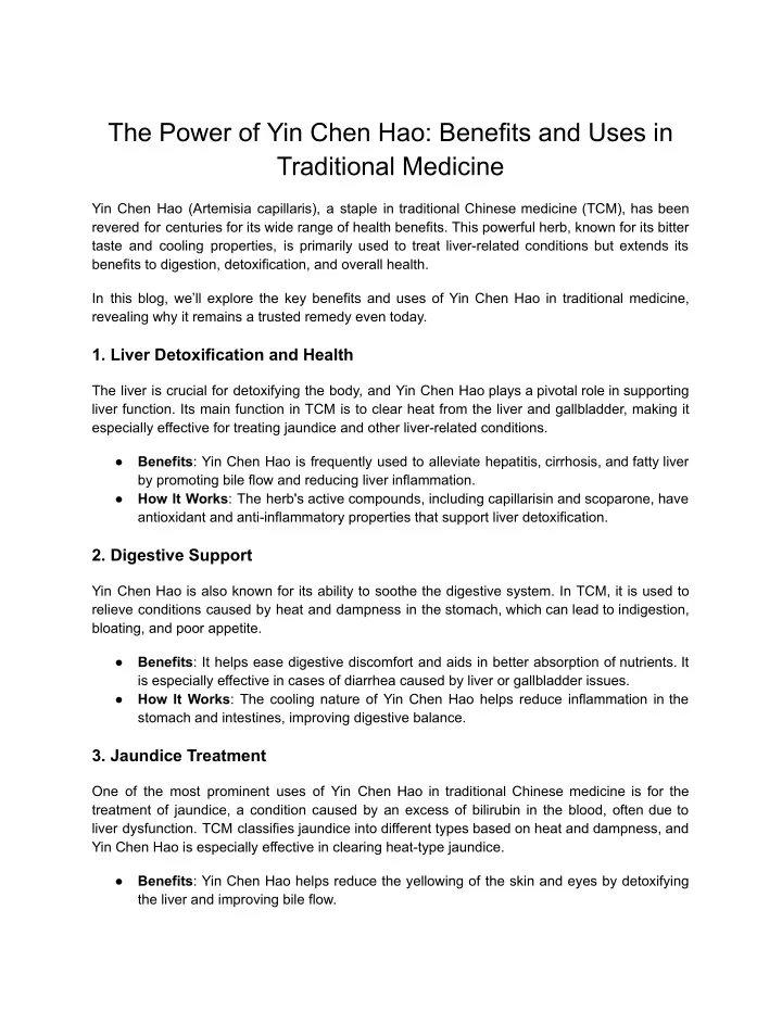 the power of yin chen hao benefits and uses