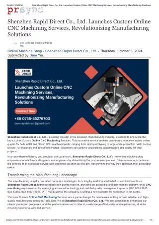 Shenzhen Rapid Direct Co., Ltd. Launches Custom Online CNC Machining Services, R
