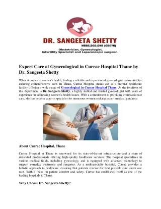 Expert Care at Gynecological in Currae Hospital Thane by Dr. Sangeeta Shetty