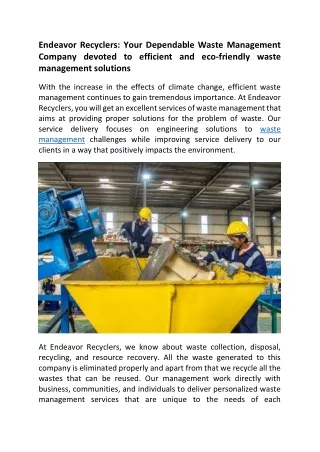 Endeavor Recyclers  Your Dependable Waste Management Company devoted to efficient and eco friendly waste management solu