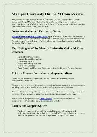 manipal university online m com review