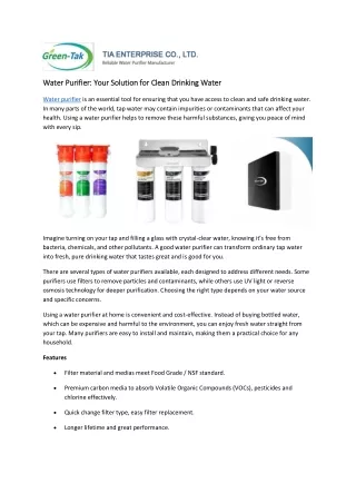 Water Purifier: Your Solution for Clean Drinking Water