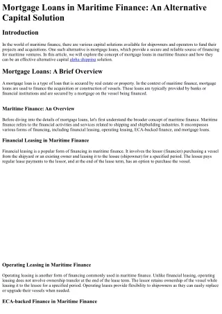 Mortgage Loans in Maritime Finance An Alternative Capital Solution