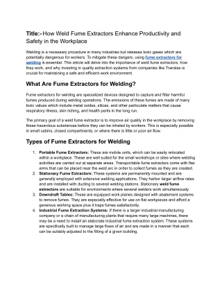 How Weld Fume Extractors Enhance Productivity and Safety in the Workplace