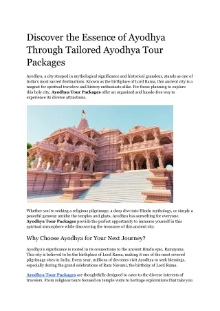 Discover the Essence of Ayodhya Through Tailored Ayodhya Tour Packages