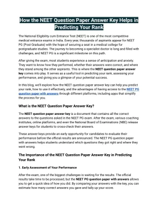 how the neet question paper answer key helps